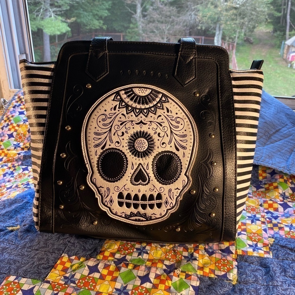 Loungefly sugar skull embroidered faux leather tote style bag